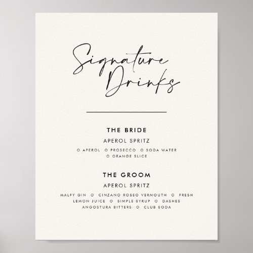 Signature drinks wedding modern minimal white poster
