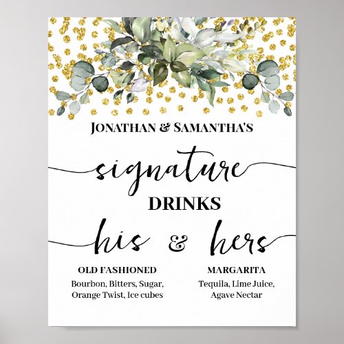 Signature Drinks Wedding Reception Eucalyptus Gold Poster