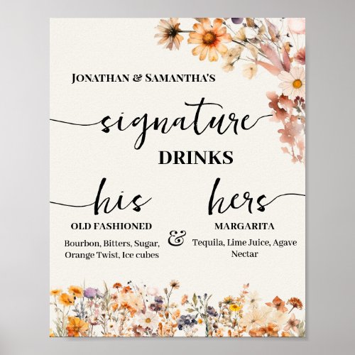 Signature Drinks Wedding Reception Fall Wildflower Poster