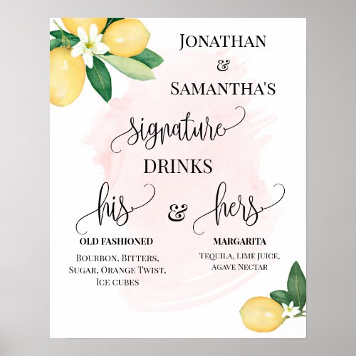 Signature Drinks Wedding Reception Lemons Pink Pos Poster
