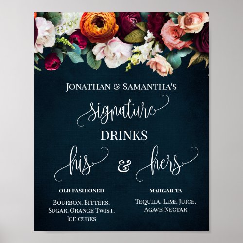 Signature Drinks Wedding Wine Flowers Navy Sign