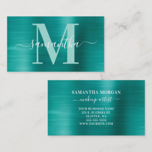 Signature Monogram Aqua Teal Shimmer Foil Business Card