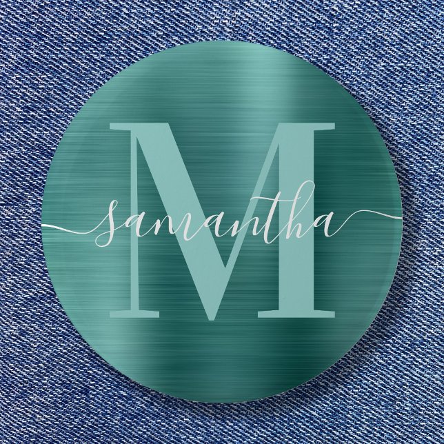 Signature Monogram Aqua Teal Shimmer Foil  Button (Signature Monogram Aqua Teal Shimmer Foil Button)