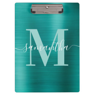 Signature Monogram Aqua Teal Shimmer Foil Clipboard