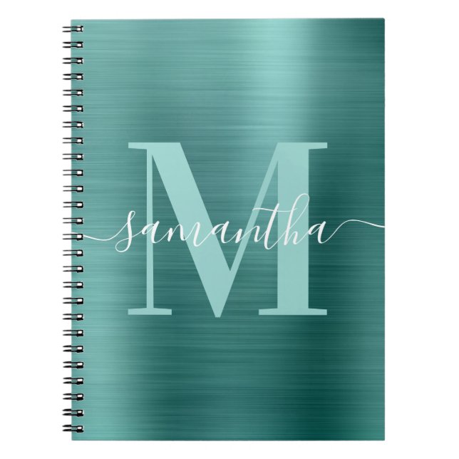Signature Monogram Aqua Teal Shimmer Foil  Notebook (Front)