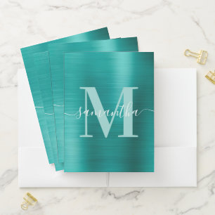 Signature Monogram Aqua Teal Shimmer Foil Pocket Folder