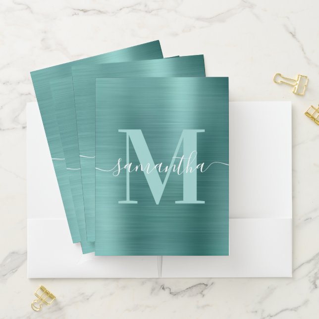 Signature Monogram Aqua Teal Shimmer Foil  Pocket Folder (In Situ)