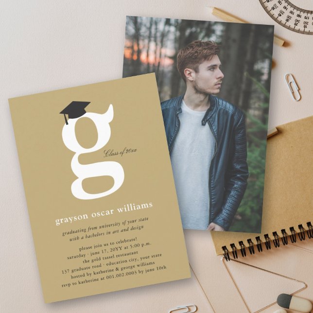 Signature Monogram 'G' Class of 2026 Senior Gradua Invitation (Classic Monogram Alphabet 'g' Photo Simple Graduation Party Invitation @ zazzle.com/color_therapy)