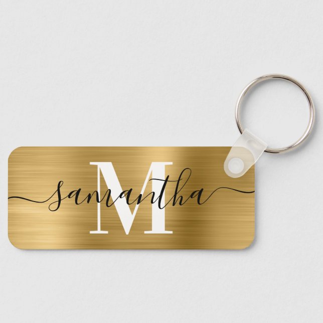 Signature Monogram Gold Foil Photo Thin Rectangle Keychain (Front)