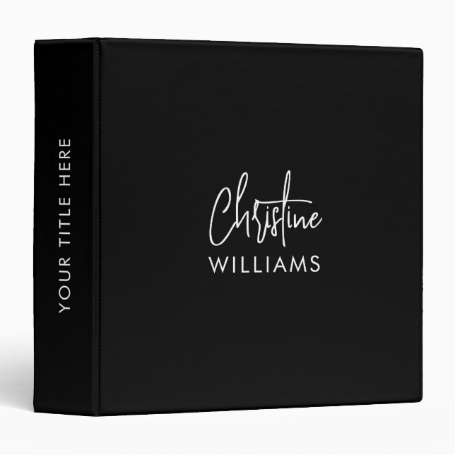Signature Monogram Handwritten Script BLACK SIMPLE 3 Ring Binder (Front/Spine)
