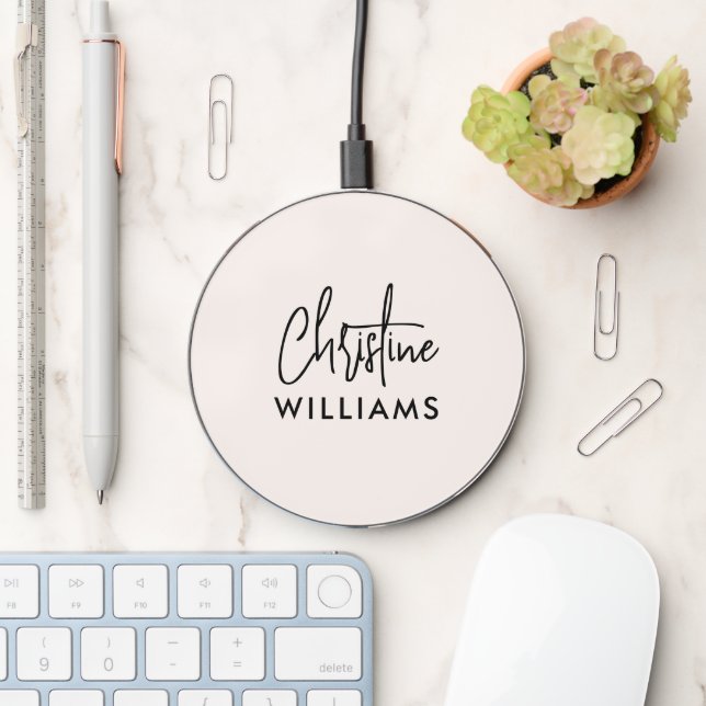 Signature Monogram Handwritten Script Blush pink Wireless Charger (Desk)