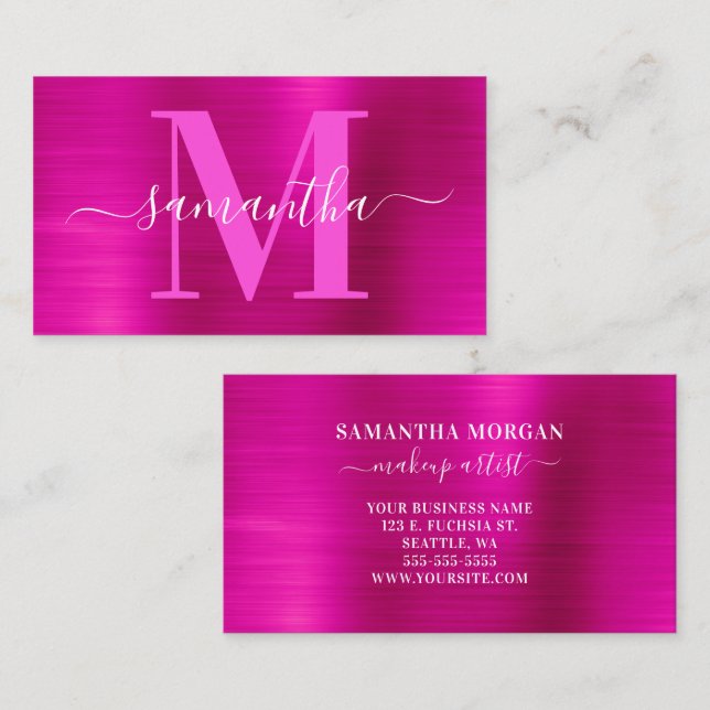 Signature Monogram Hot Pink Shimmer Business Card (Front/Back)