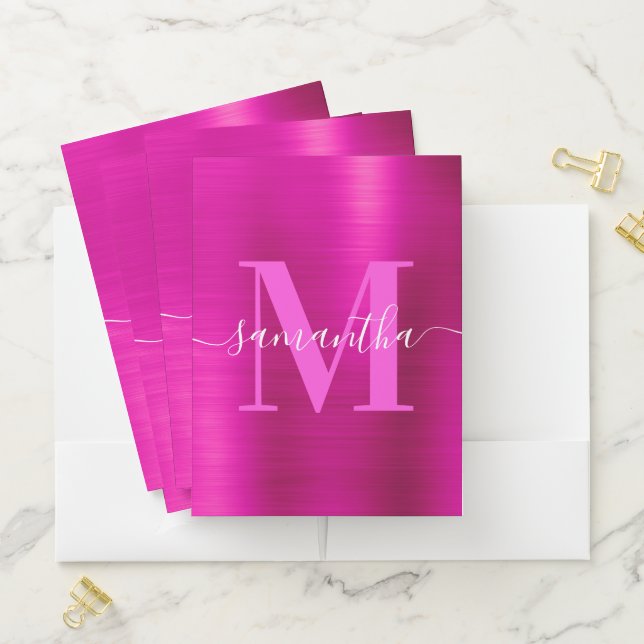 Signature Monogram Hot Pink Shimmer Foil  Pocket Folder (In Situ)