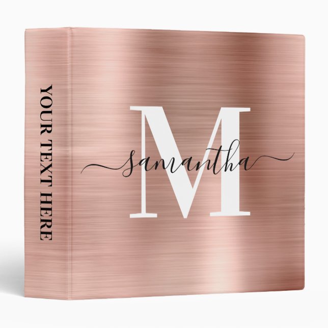 Signature Monogram Rose Gold Shimmer Foil  3 Ring Binder (Front/Spine)