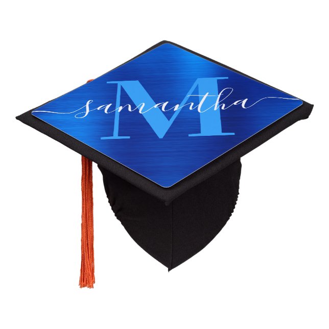 Signature Monogram Royal Blue Foil Graduation Cap Topper (Angled)