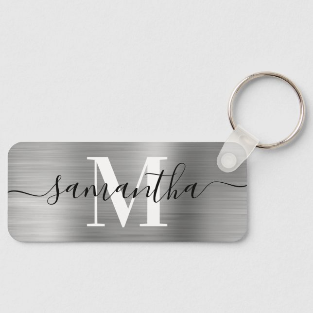Signature Monogram Silver Foil Thin Rectangle Keychain (Front)