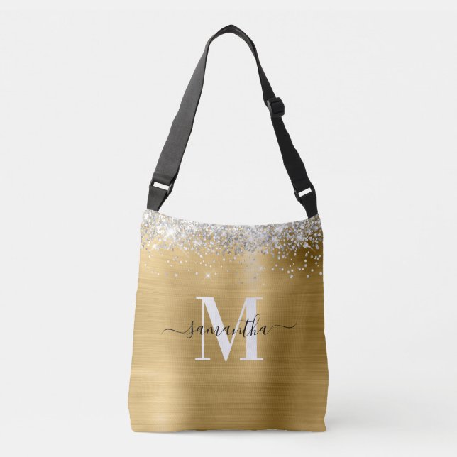Signature Monogram Silver Glitter Gold Foil Crossbody Bag (Front)