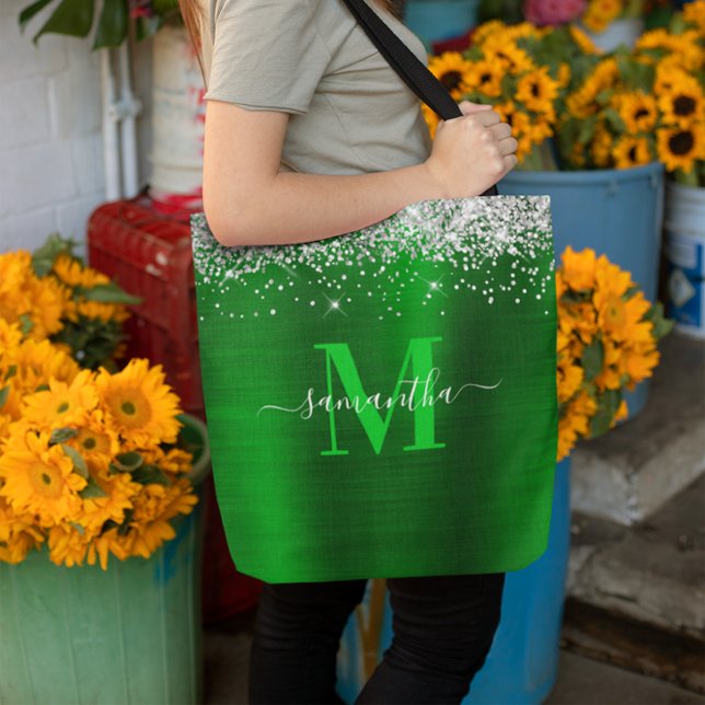Signature Monogram Silver Glitter Green Foil Tote Bag (Signature Monogram Silver Glitter Green Foil Tote Bag)