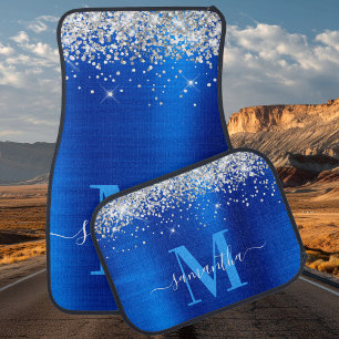 Signature Monogram Silver Glitter Royal Blue Foil Car Floor Mat