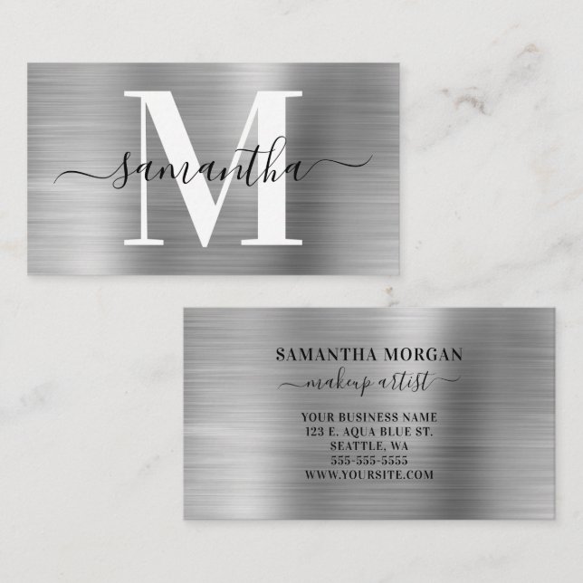 Signature Monogram Silver Shimmer Business Card (Front/Back)