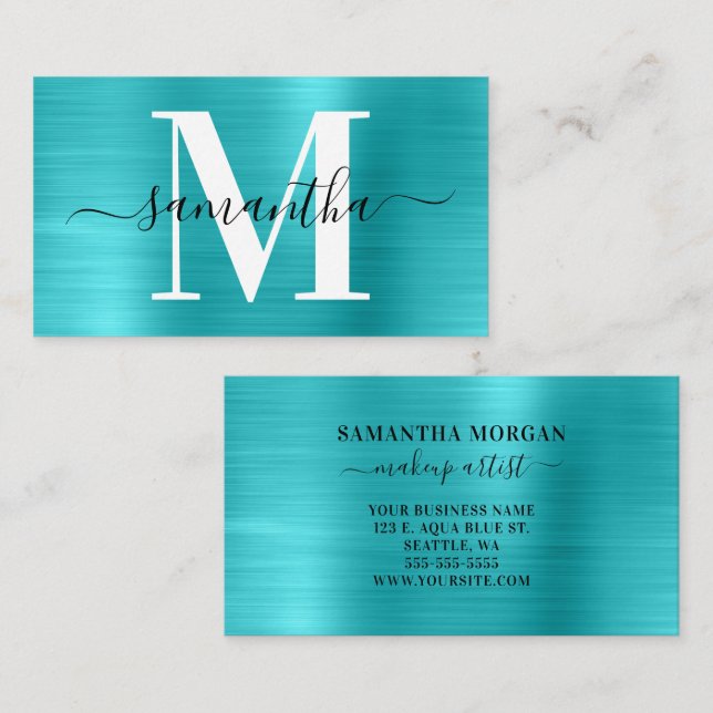 Signature Monogram Turquoise Blue Shimmer Business Card (Front/Back)