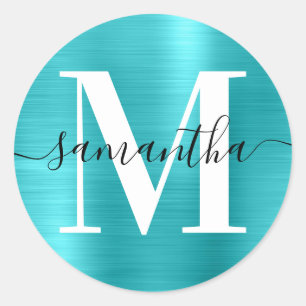 Signature Monogram Turquoise Blue Shimmer Classic Round Sticker