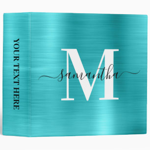 Signature Monogram Turquoise Blue Shimmer Foil 3 Ring Binder