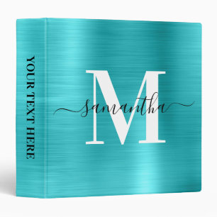 Signature Monogram Turquoise Blue Shimmer Foil  3 Ring Binder