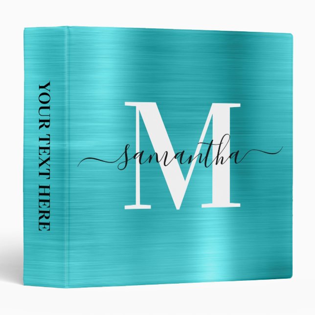 Signature Monogram Turquoise Blue Shimmer Foil  3 Ring Binder (Front/Spine)