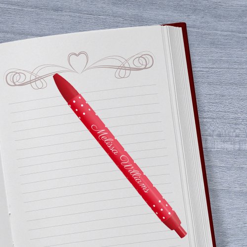 Signature Name White Polka Dots Red Background Black Ink Pen