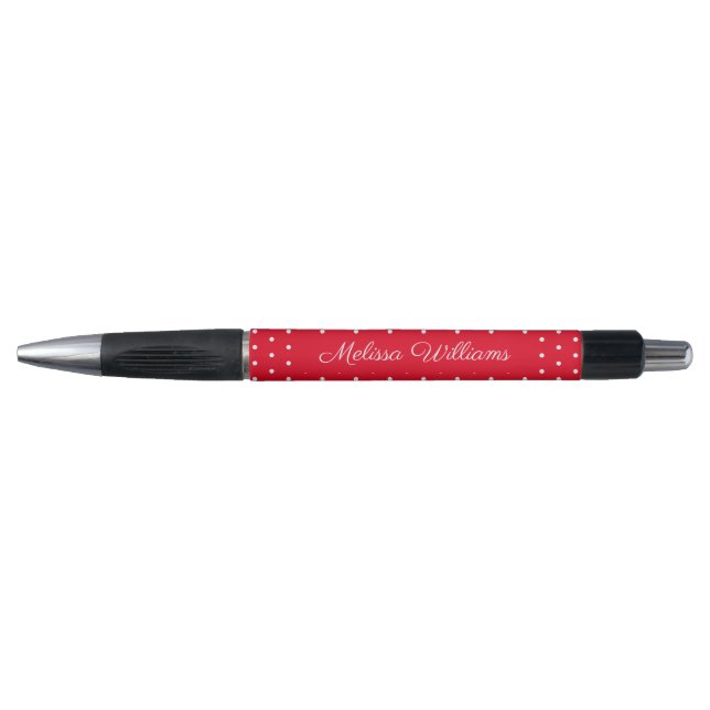 Signature Name White Polka Dots & Red Background Pen (Front)