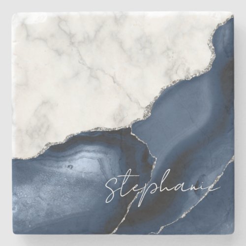 Signature Navy Blue Silver Agate White Marble Stone Coaster
