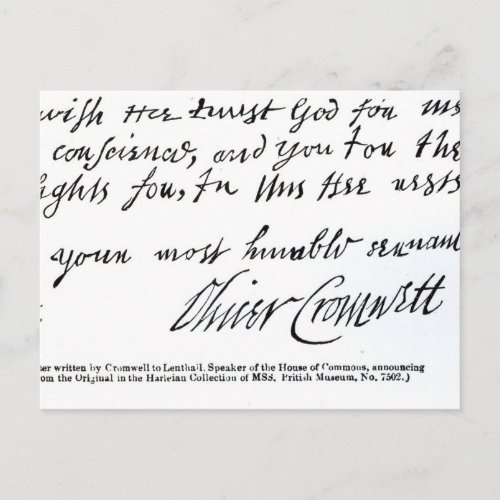 Signature Oliver Cromwellfrom handwritten Postcard