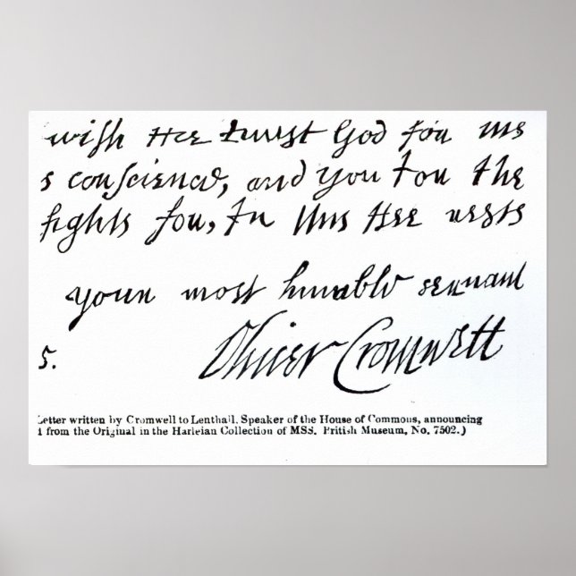 Signature Oliver Cromwell,from handwritten Poster (Front)