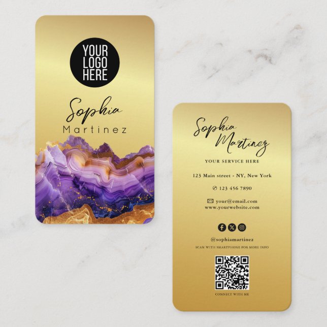 Signature Purple Agate gold marble & QR Code Logo Business Card (Front/Back)