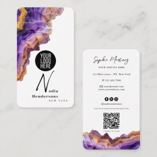 Signature Purple Agate gold marble & QR Code Logo Business Card