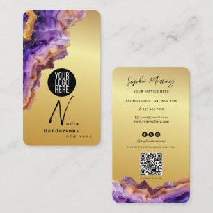 Signature Purple Agate gold marble & QR Code Logo Business Card