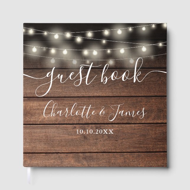 Signature Rustic Wood String Lights Wedding Guest Book (Front)