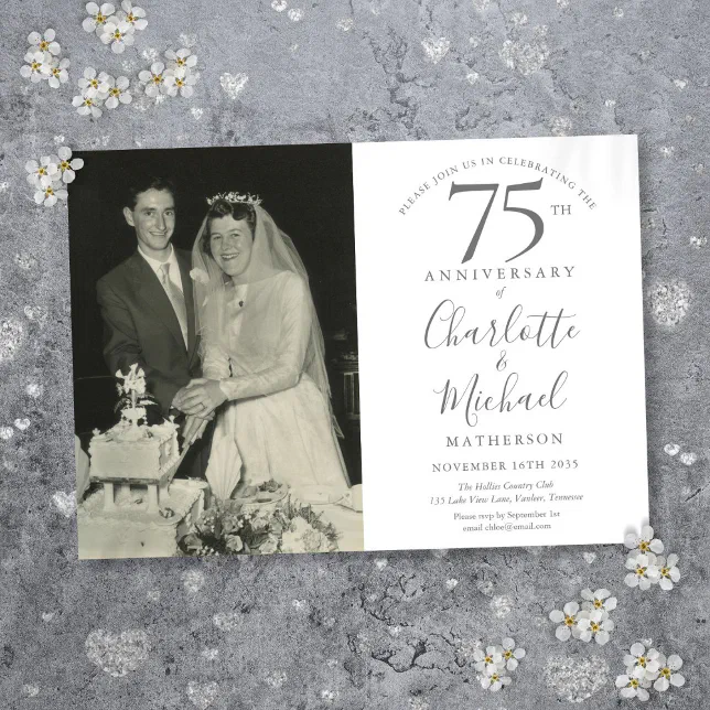 Signature Script 75th Wedding Anniversary Photo Invitation | Zazzle