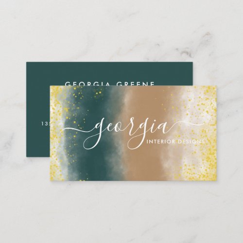 Signature Script  Abstract Watercolor Teal Beige Business Card