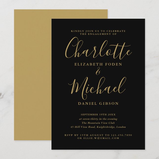 Signature Script Black And Gold Engagement Party Invitation (Front/Back)