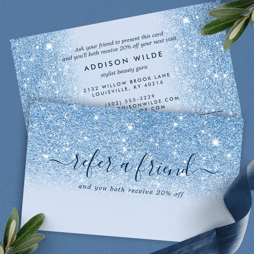 Signature Script Blue Glitter Modern Girly Referral Card