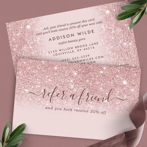 Signature Script Blush Pink Glitter Modern Girly Referral Card