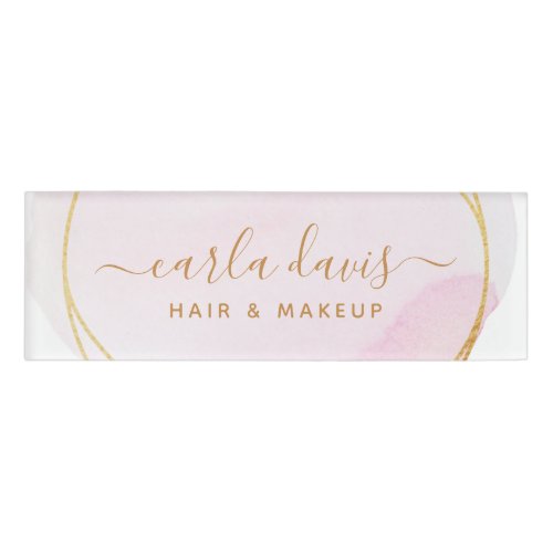 Custom Name Tags 9 Signature Script Blush Pink Watercolor Gold Circle Name Tag