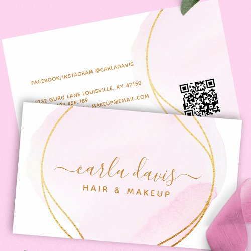 Custom Business Cards 17 Signature Script Blush Pink Watercolor Gold Qr Business Card