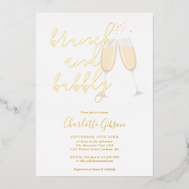 Signature Script Brunch Bubbly Bridal Shower Gold Foil Invitation (Front)