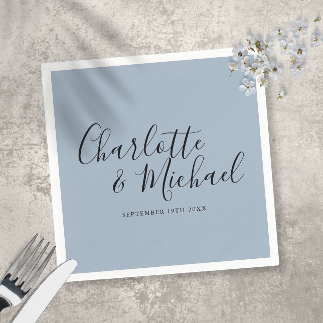 Signature Script Dusty Blue Elegant Wedding Napkins (Creator Uploaded)