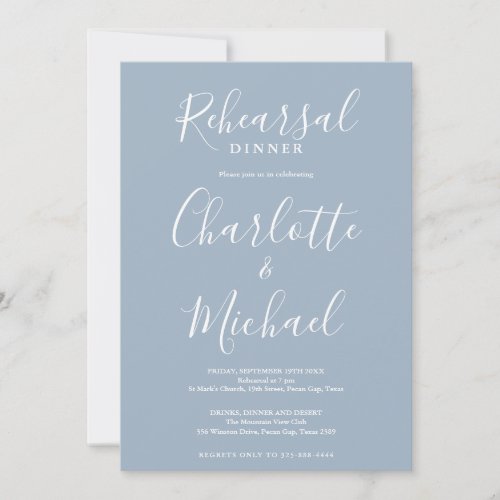 Signature Script Dusty Blue Rehearsal Dinner Invitation