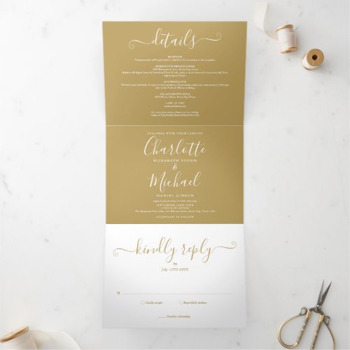 Signature Script Elegant Monogram Gold Wedding Tri_Fold Invitation