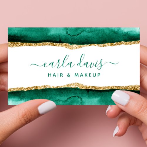 Signature Script Emerald Green And Gold Watercolor Business Card